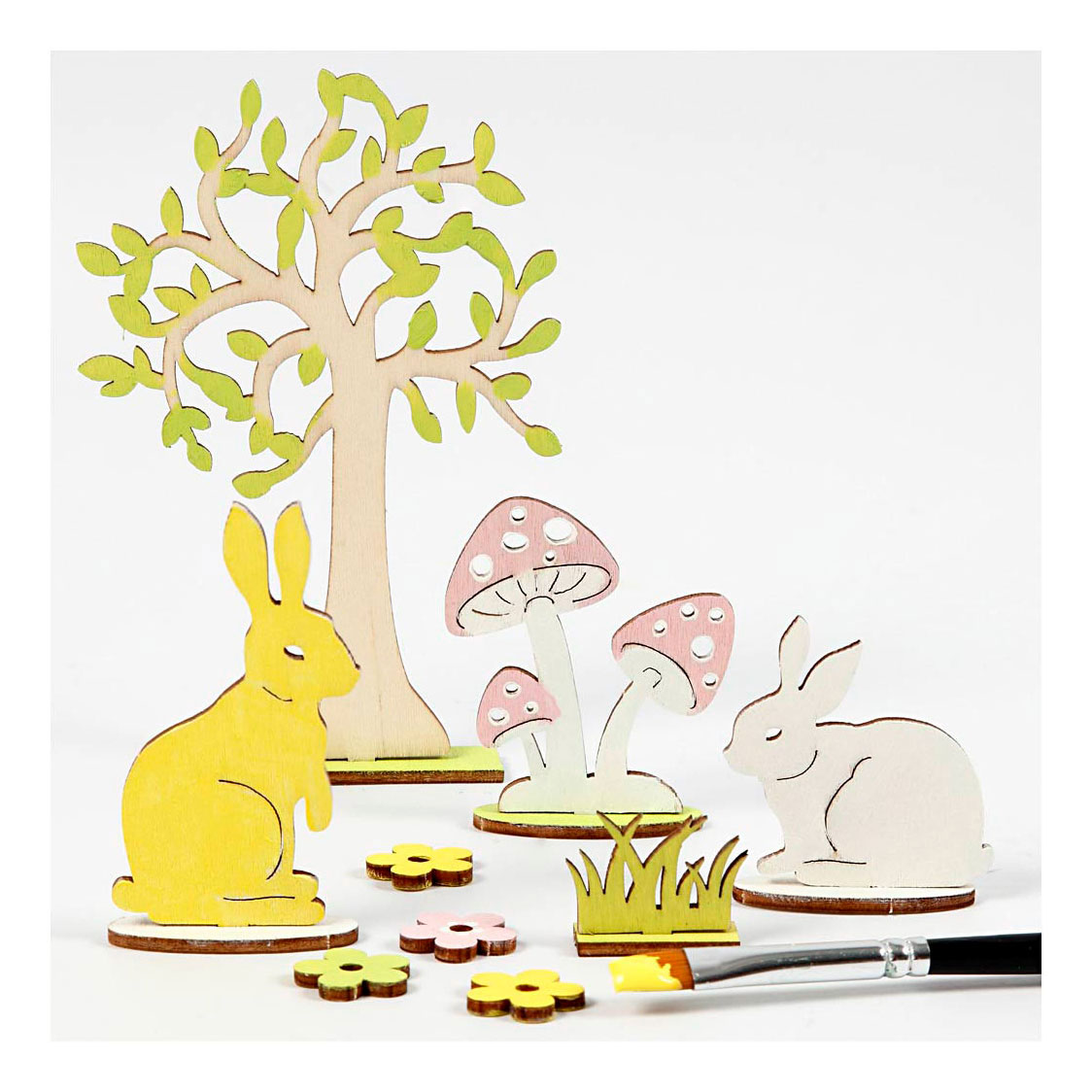 Figurines en bois à faire soi-même : lièvre, arbre et champignons