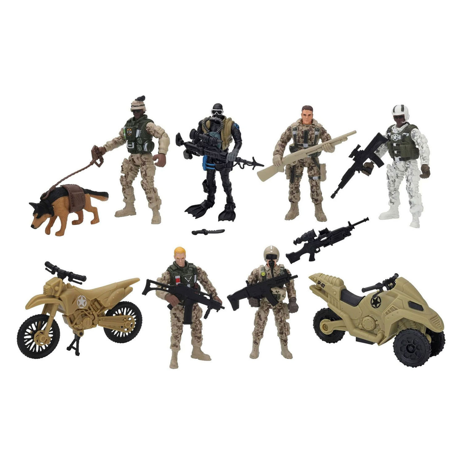 Soldier Force Speelfiguren set 6 Soldaten, hond en 2 Motorfietsen