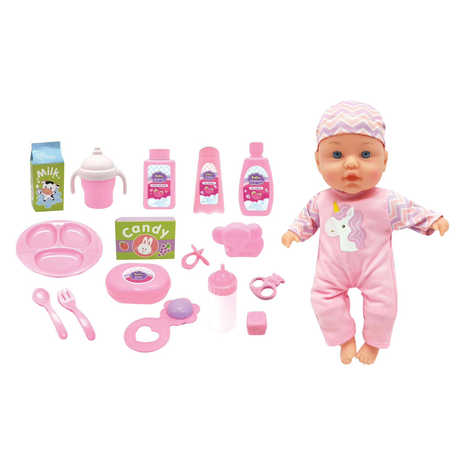 Babypop met Geluiden en 16 Accessoires - 31cm