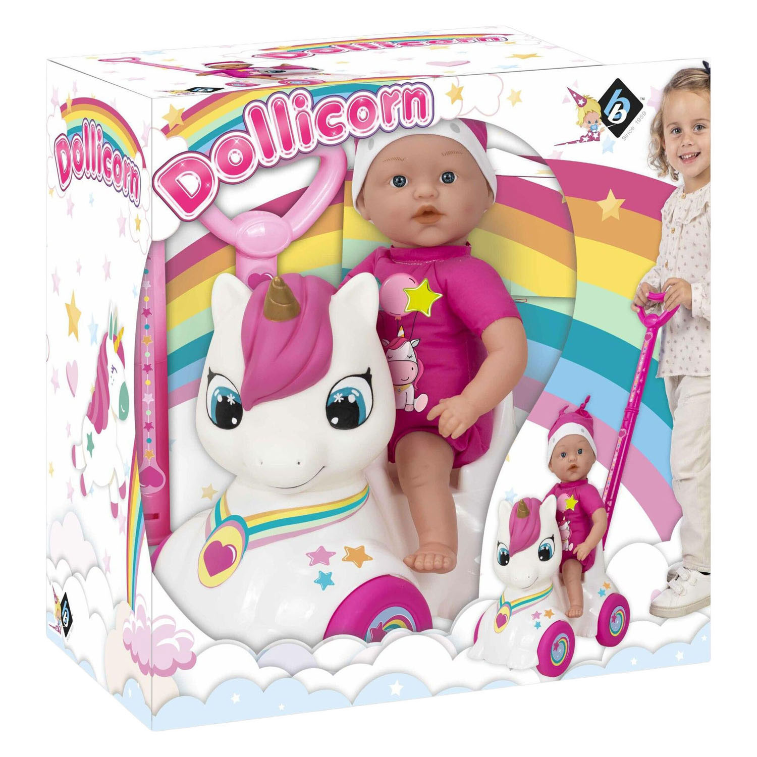 Dollicorn Babypop met Eeenhoorn Loopauto - 37cm