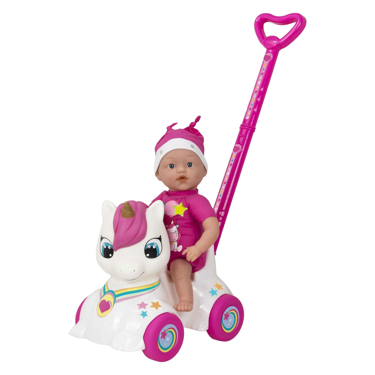 Dollicorn Babypop met Eeenhoorn Loopauto - 37cm