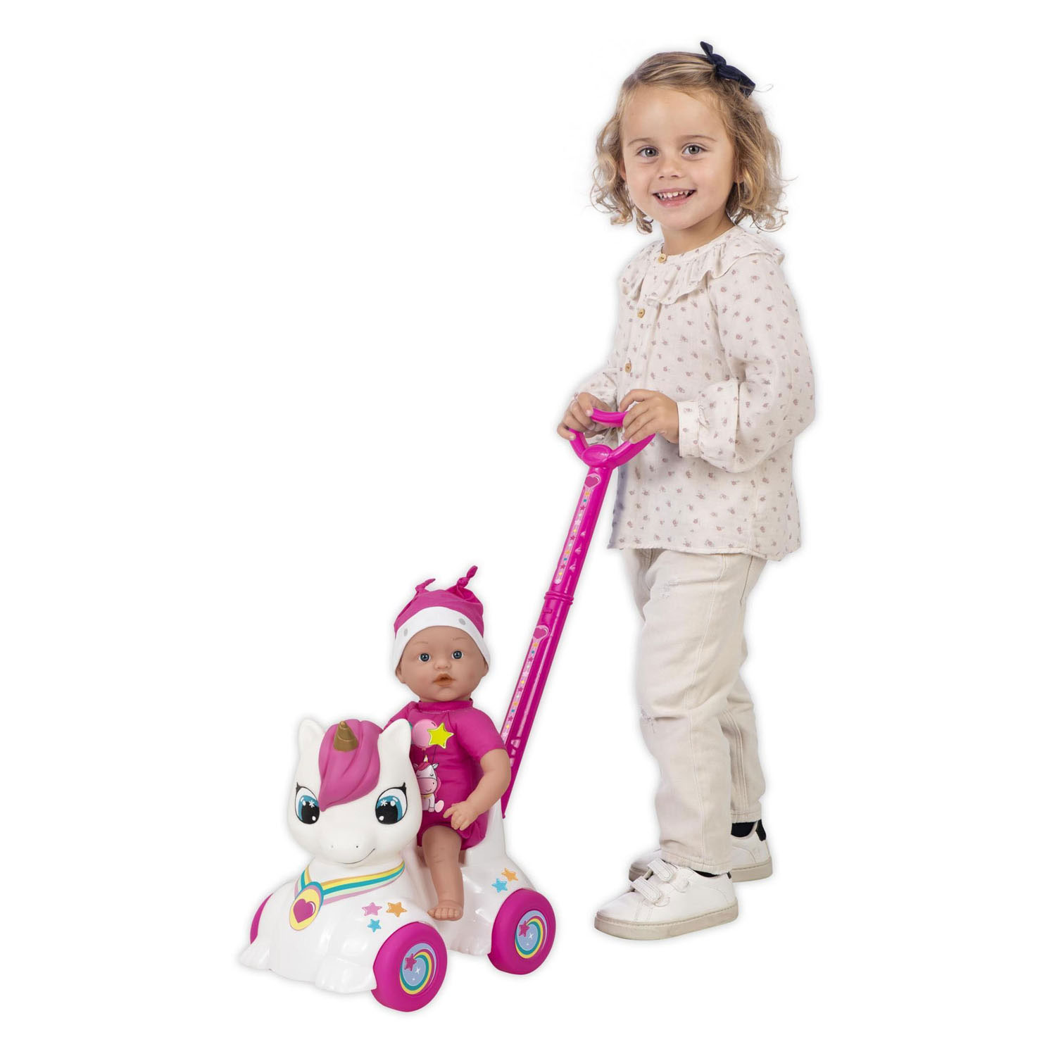 Dollicorn Babypop met Eeenhoorn Loopauto - 37cm