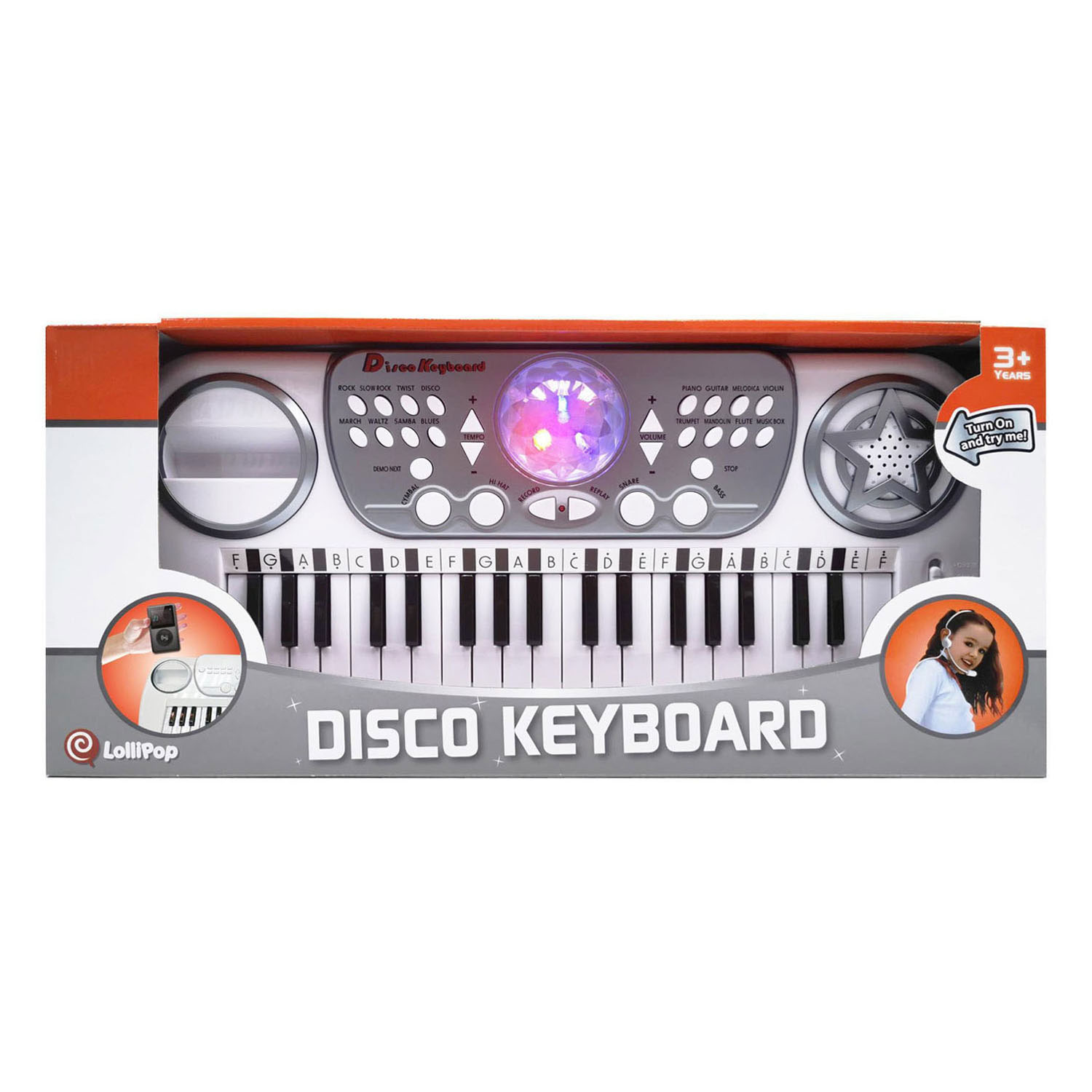 Disco-Keyboard mit 37 Tasten, Discokugel und Kopfhörermikrofon