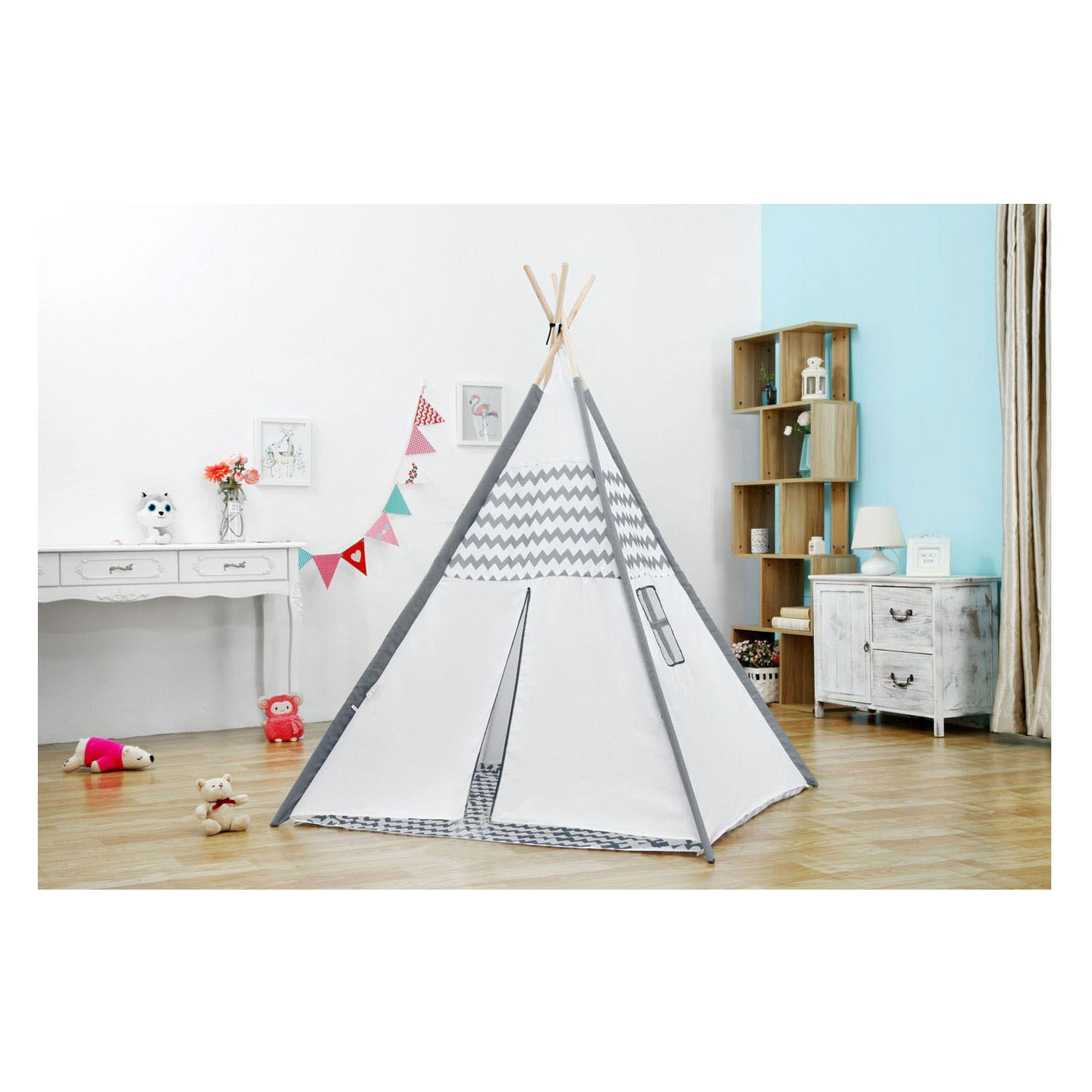 Tipi avec poteaux en bois et tapis - 120 x 120 x 150 cm