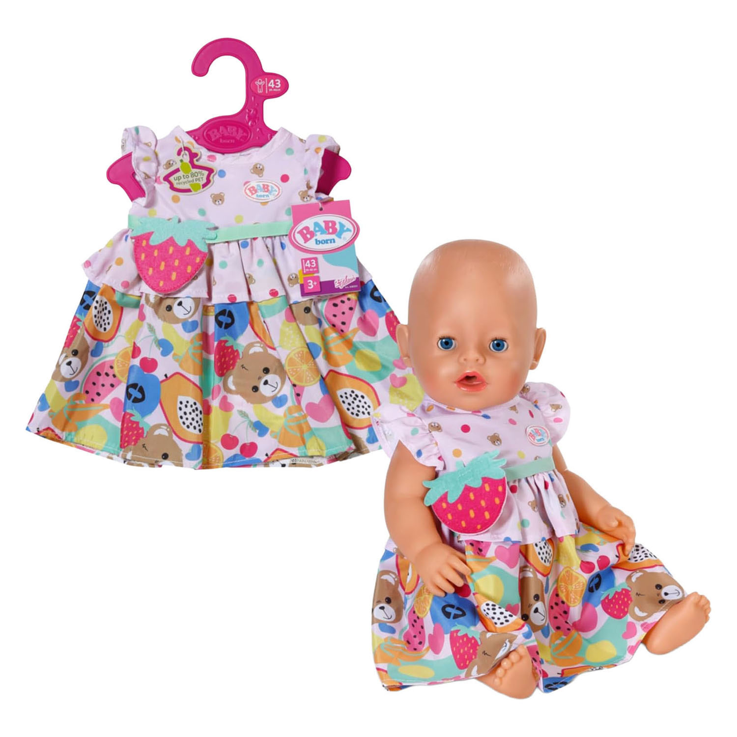Robe BABY born Fruit avec sac à main fraise - 43 cm