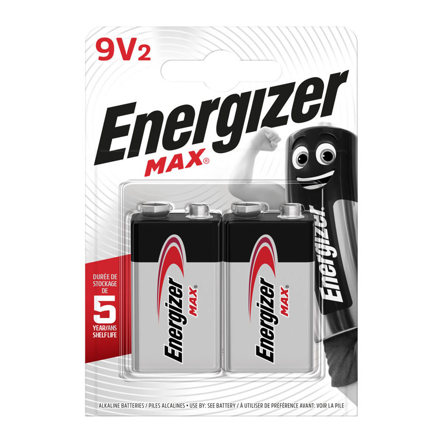 Piles alcalines Energizer Max 9V, 2 unités.