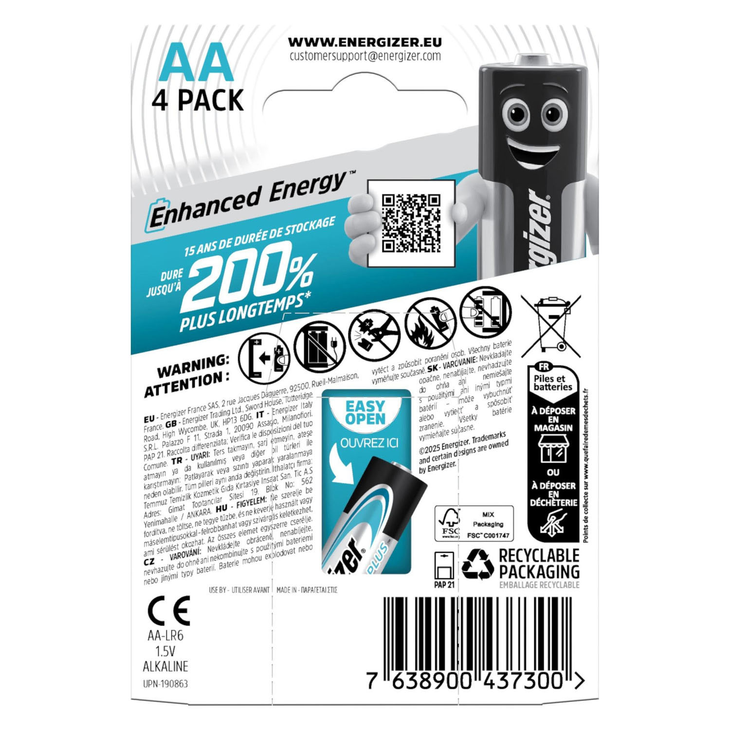Piles alcalines Energizer Max Plus AA, lot de 4.