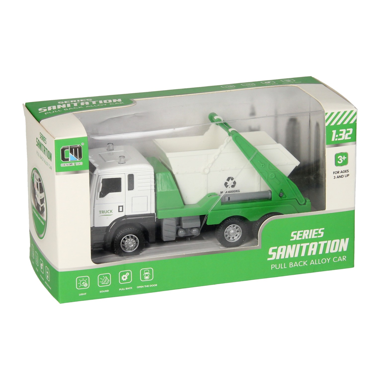 Camion avec conteneur à déchets, lumière et son