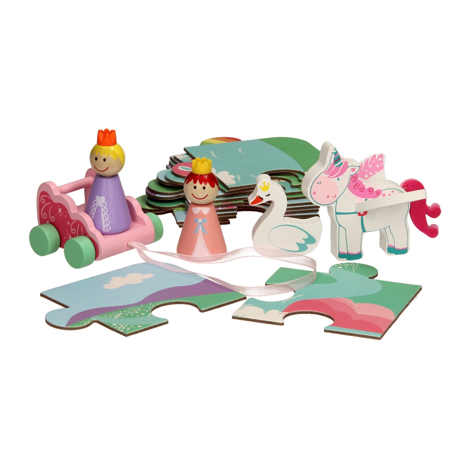 Einhorn-Holzspielzeugfiguren und Puzzle im Aufbewahrungskoffer