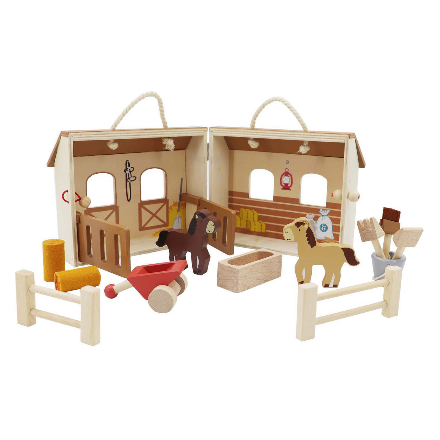 Ensemble de jeu stable pour chevaux en bois, 13 pièces.