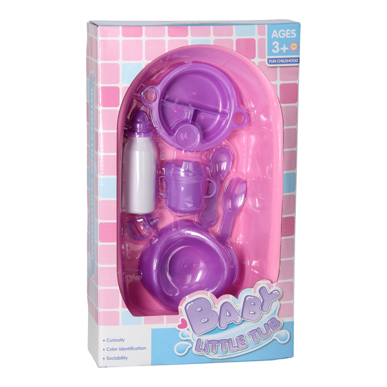Baignoire bébé violette avec accessoires, 8 pièces.